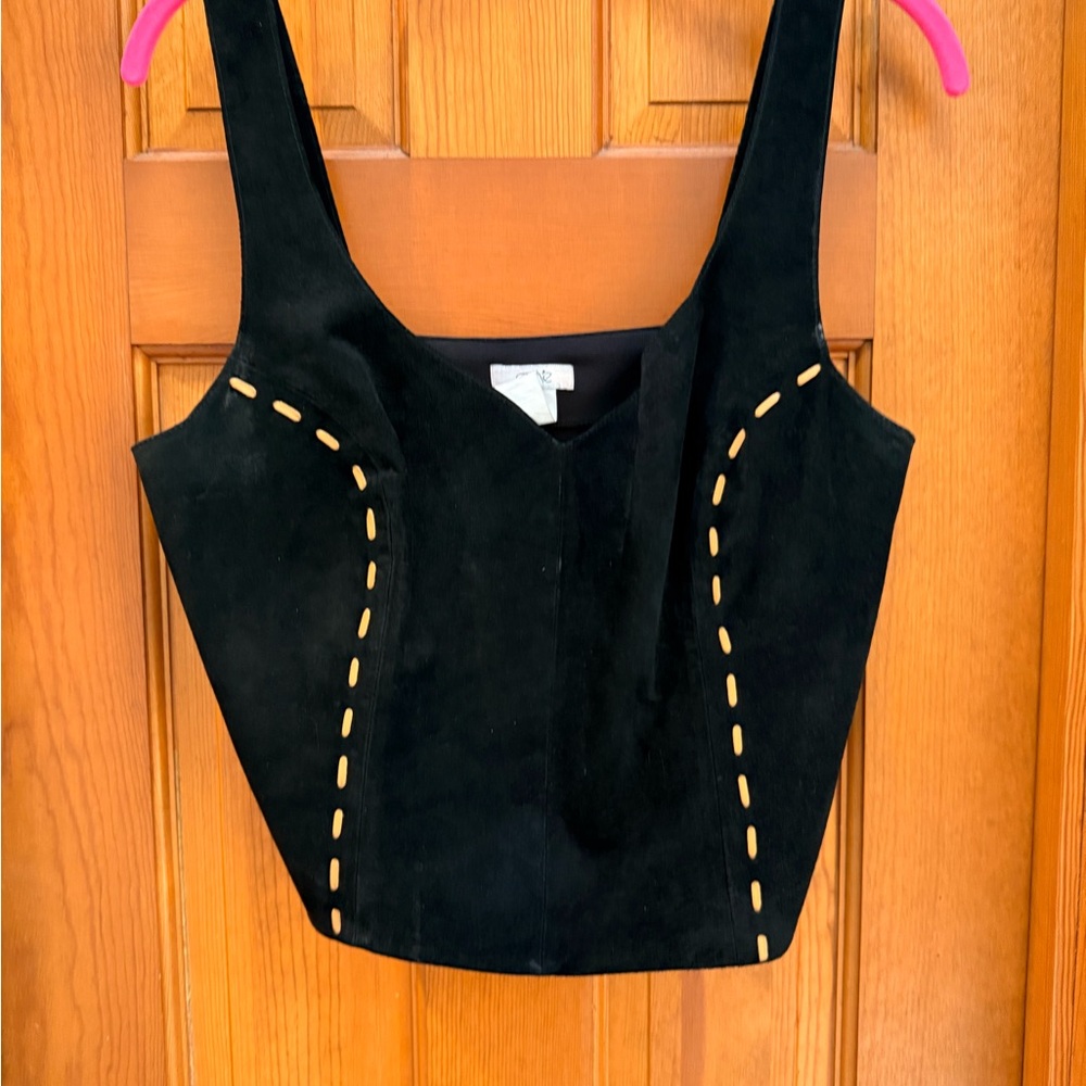 Cache Black Suede Crop Top with Tan Stitching